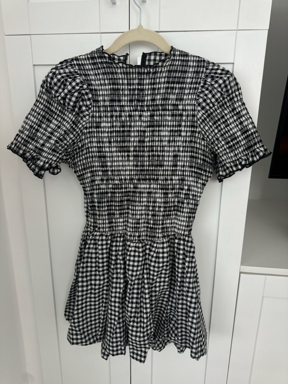 Smocked Gingham Short Sleeve Dress - Black/White